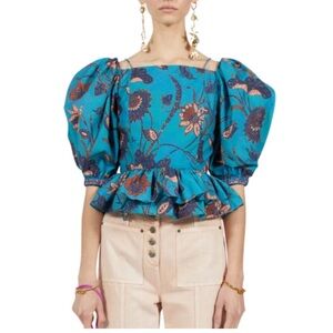 Ulla Johnson Puff-Sleeve Blue Floral Peplum Carlotta Blouse 4